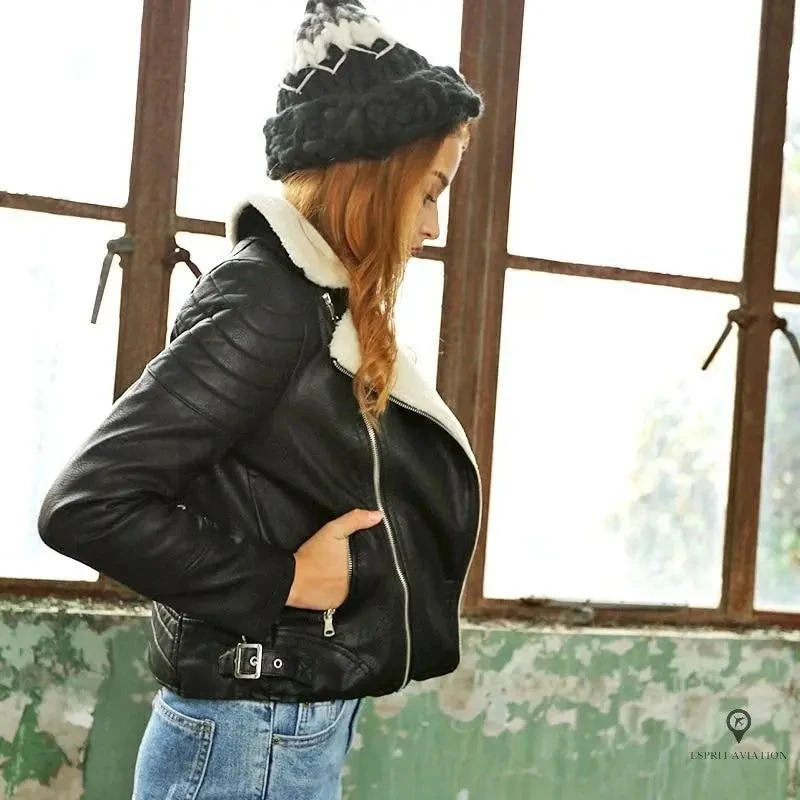 Blouson Aviateur Femme Cuir Noir 4 Blouson Aviateur Femme Cuir Noir – Image 2