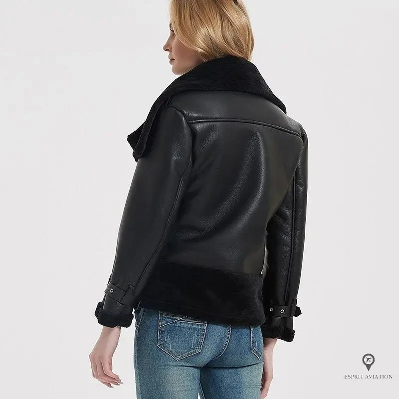 Blouson Aviateur Femme Fausse Fourrure Luxe Noir 4 Blouson Aviateur Femme Fausse Fourrure Luxe Noir – Image 2