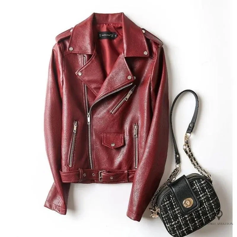 Blouson Aviateur Femme Simili Cuir Fashion Rouge 4 Blouson Aviateur Femme Simili Cuir Fashion Rouge – Image 2