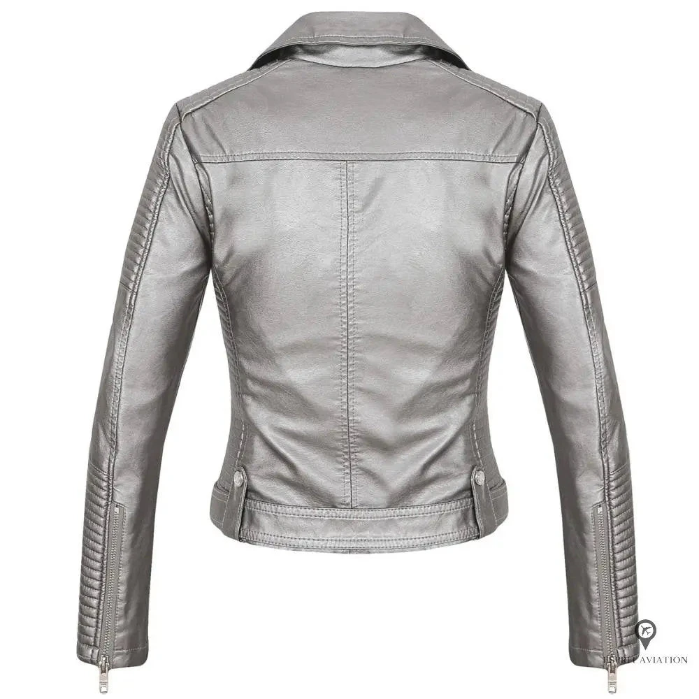 Blouson Aviateur Femme Simili Cuir Gris 4 Blouson Aviateur Femme Simili Cuir Gris – Image 2