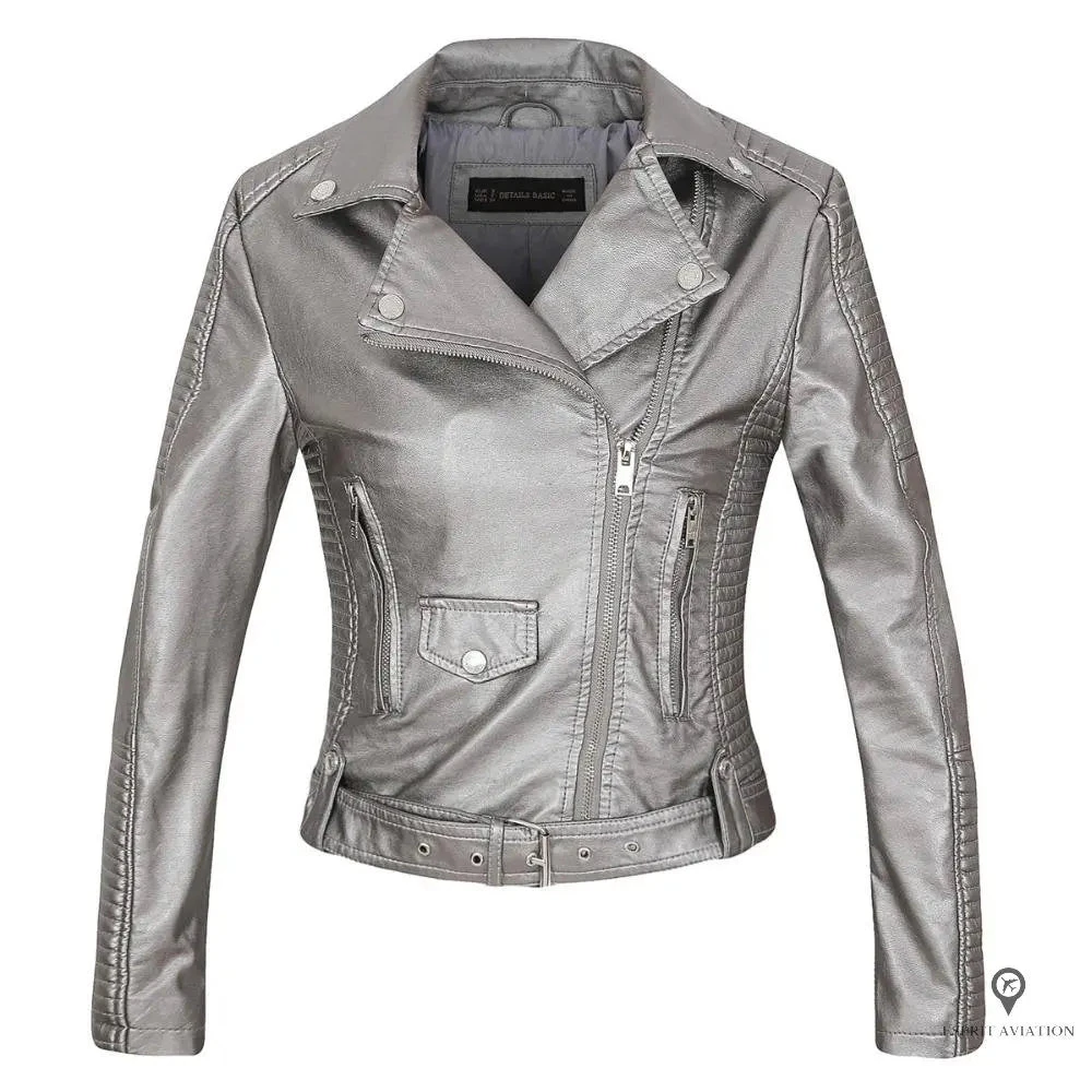 Blouson Aviateur Femme Simili Cuir Gris 5 Blouson Aviateur Femme Simili Cuir Gris – Image 3