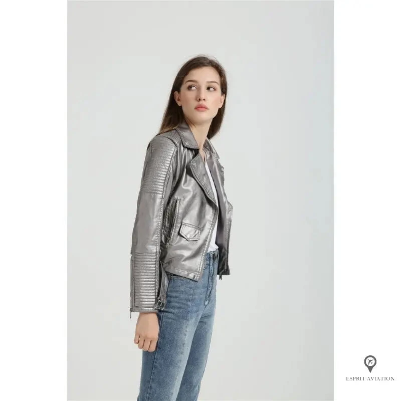 Blouson Aviateur Femme Simili Cuir Gris 7 Blouson Aviateur Femme Simili Cuir Gris – Image 5