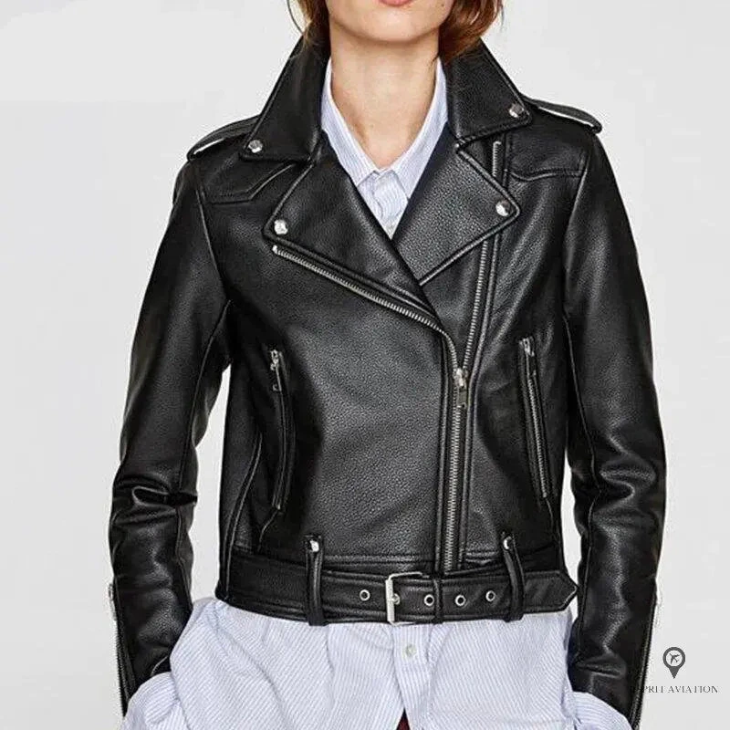 Blouson Aviateur Femme Simili Cuir Noir 4 Blouson Aviateur Femme Simili Cuir Noir – Image 2