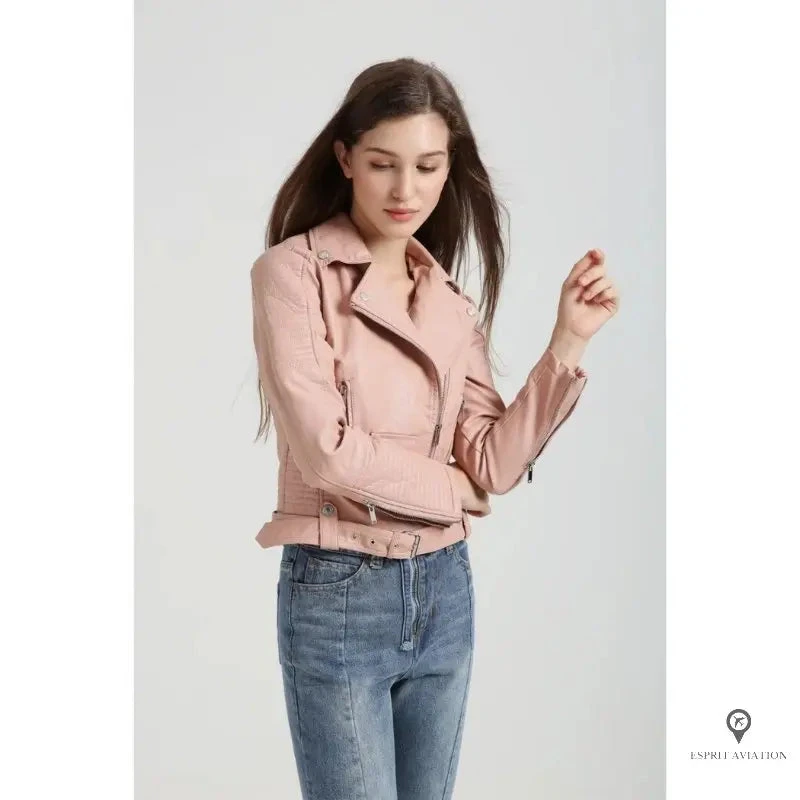 Blouson Aviateur Femme Simili Cuir Rose 5 Blouson Aviateur Femme Simili Cuir Rose – Image 3