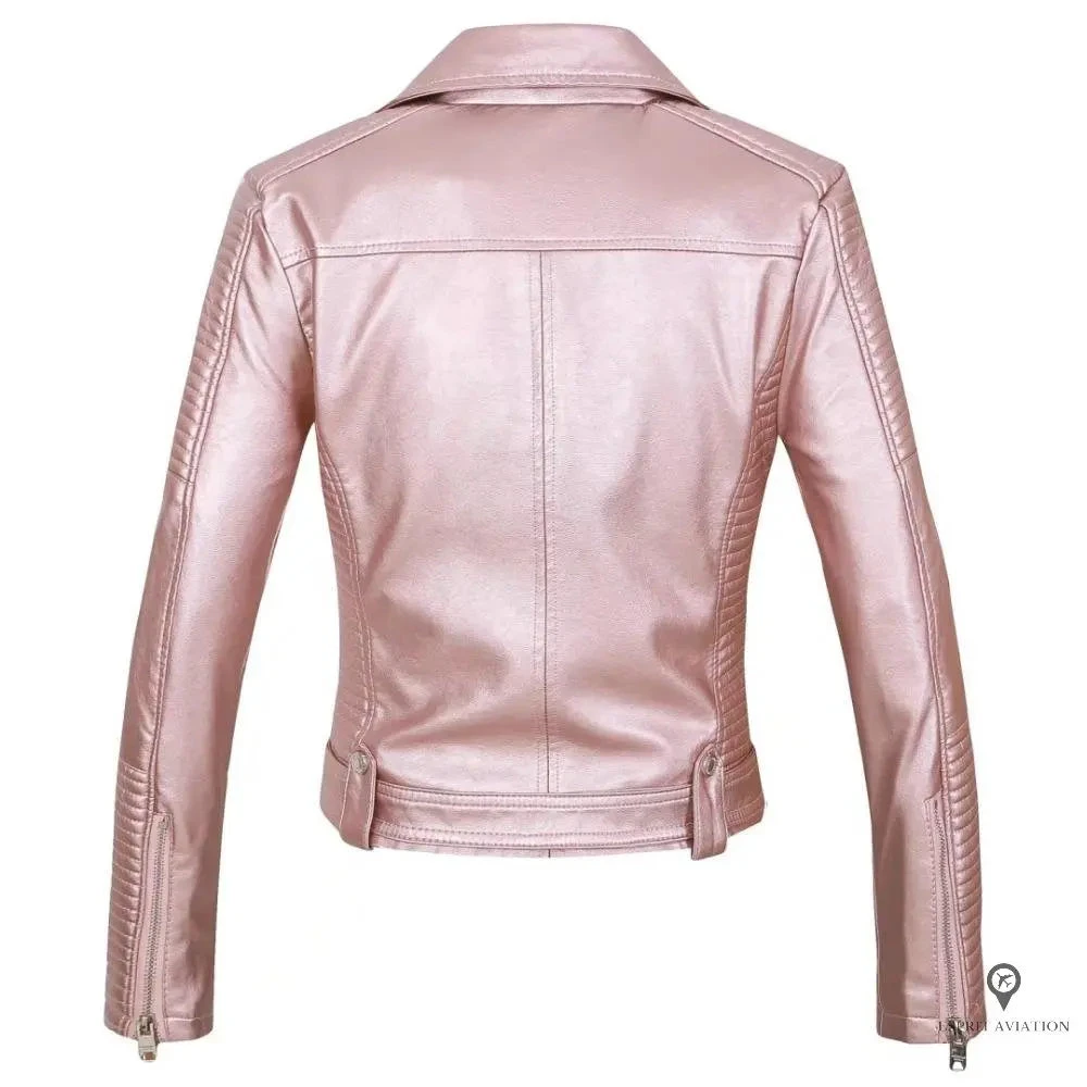 Blouson Aviateur Femme Simili Cuir Rose Pale 4 Blouson Aviateur Femme Simili Cuir Rose Pale – Image 2
