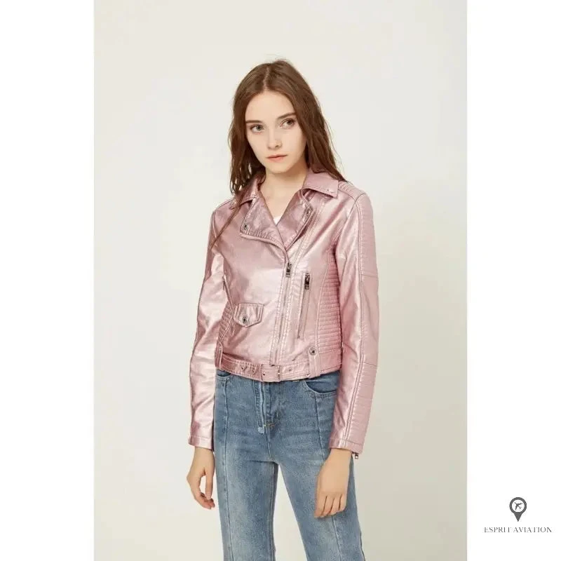 Blouson Aviateur Femme Simili Cuir Rose Pale 5 Blouson Aviateur Femme Simili Cuir Rose Pale – Image 3