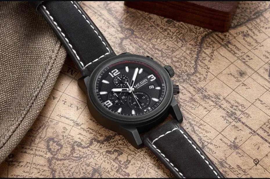 Montre Aviateur Cuir Noir Cadran Noir 5 Montre Aviateur Cuir Noir Cadran Noir – Image 3