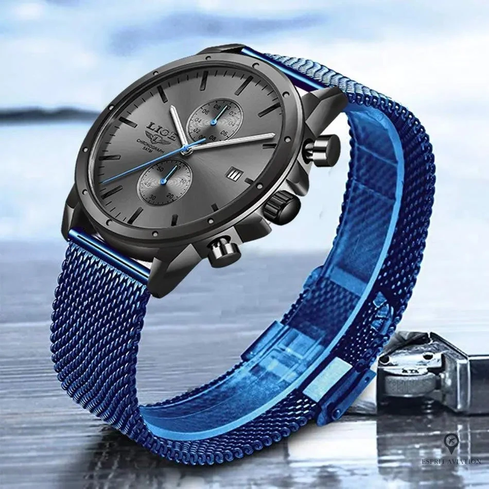 Montre Aviateur Quartz Acier Bleue 5 Montre Aviateur Quartz Acier Bleue – Image 3