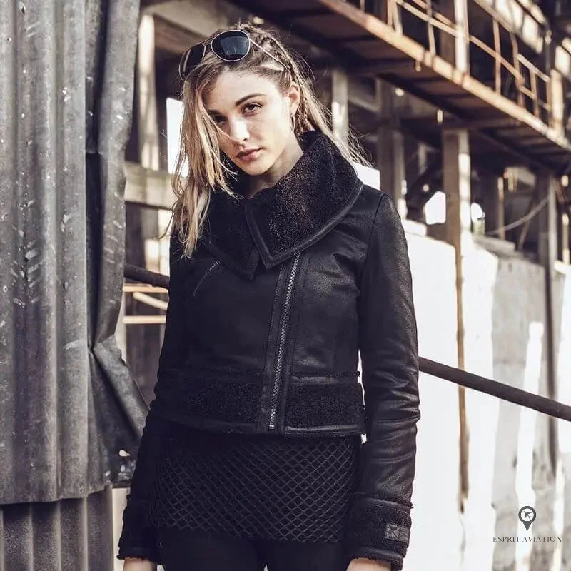 Veste Aviateur Femme Cuir Daim Noir 3 Veste Aviateur Femme Cuir Daim Noir