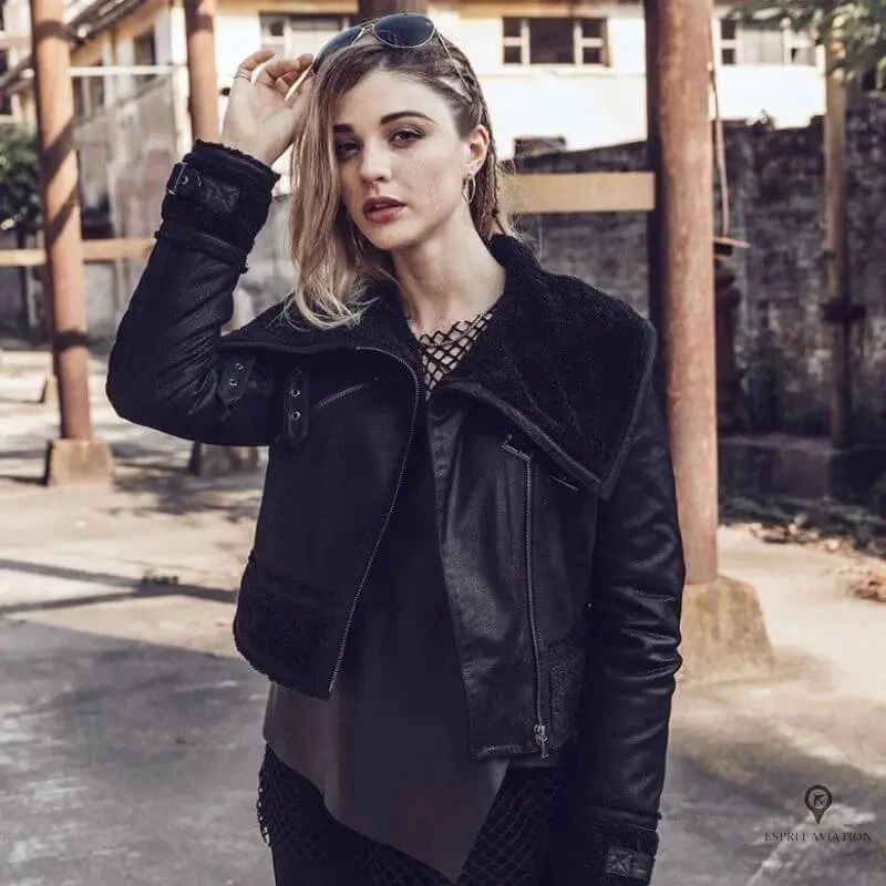 Veste Aviateur Femme Cuir Daim Noir 5 Veste Aviateur Femme Cuir Daim Noir – Image 3