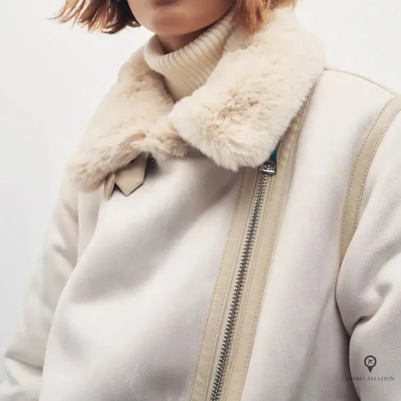 Veste Aviateur Femme Simili Cuir Beige Et Blanche 4 Veste Aviateur Femme Simili Cuir Beige Et Blanche – Image 2