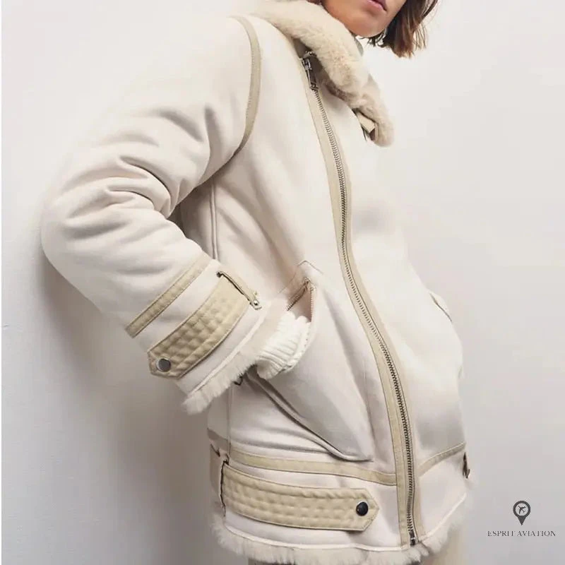 Veste Aviateur Femme Simili Cuir Beige Et Blanche 5 Veste Aviateur Femme Simili Cuir Beige Et Blanche – Image 3