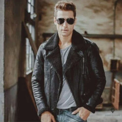 Veste Aviateur Homme Imitation Peau De Mouton Noir