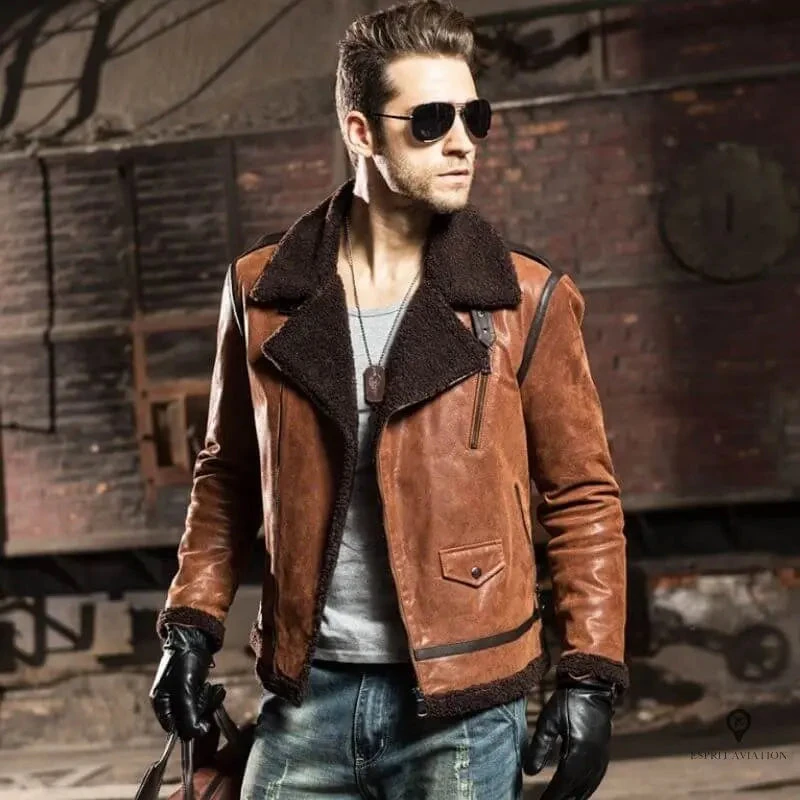 Veste Aviateur Homme Peau De Mouton Marron 4 Veste Aviateur Homme Peau De Mouton Marron – Image 2