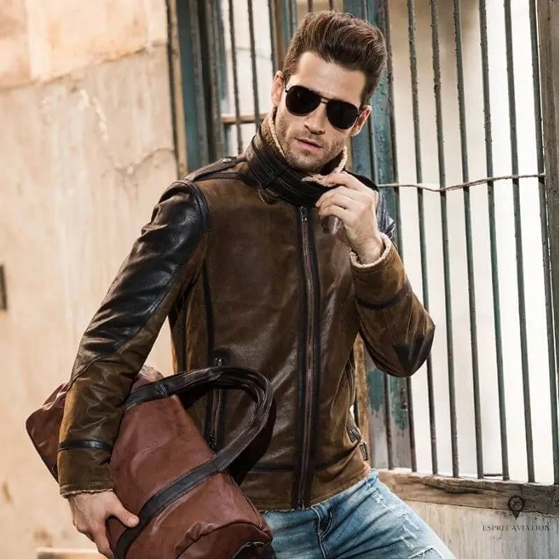 Veste Aviateur Homme<br> Cuir De Porc Marron 5 Veste Aviateur Homme<br> Cuir De Porc Marron – Image 3